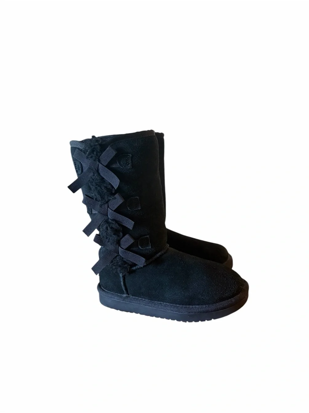 Kollabura UGG Victoria Black Suede Mid-Calf Kids Winter Boots with Side Bow.